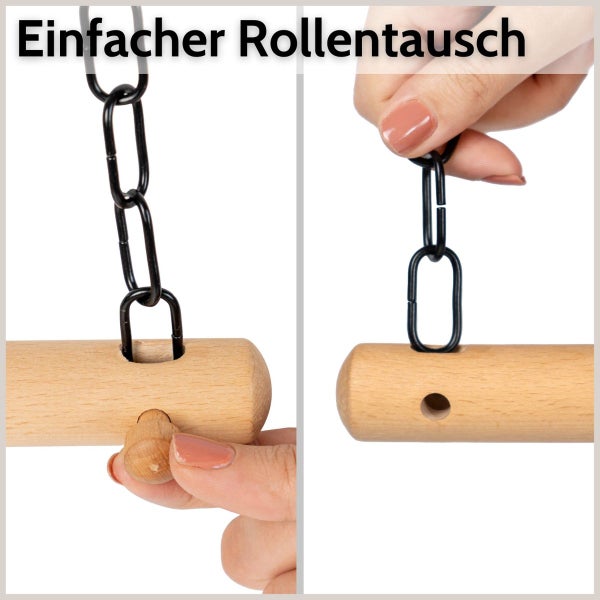 Hände beim Austausch einer Holzrolle an einer Kette einer Jalousie mit dem Text Einfacher Rollentausch als Anleitung.