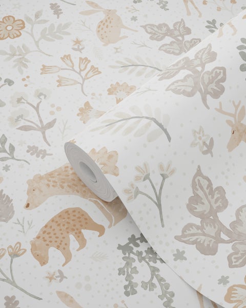 ESTAhome Tapete Wald mit Waldtieren Graugrün, Beige und Weiß - 53 cm x 10.05 m - 139585