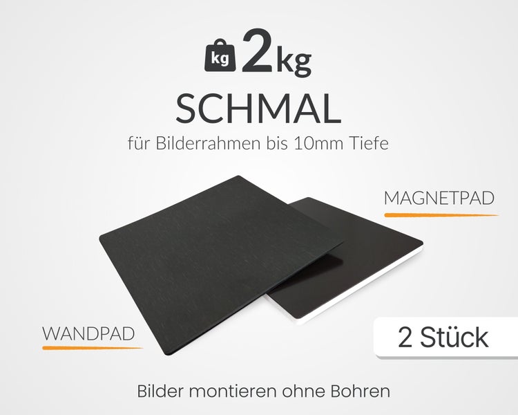 Zwei schmale Wandpads und Magnetpads zum Aufhängen von Bildern ohne Bohren, geeignet für Bilderrahmen bis zehn Millimeter Tiefe, Tragkraft zwei Kilogramm