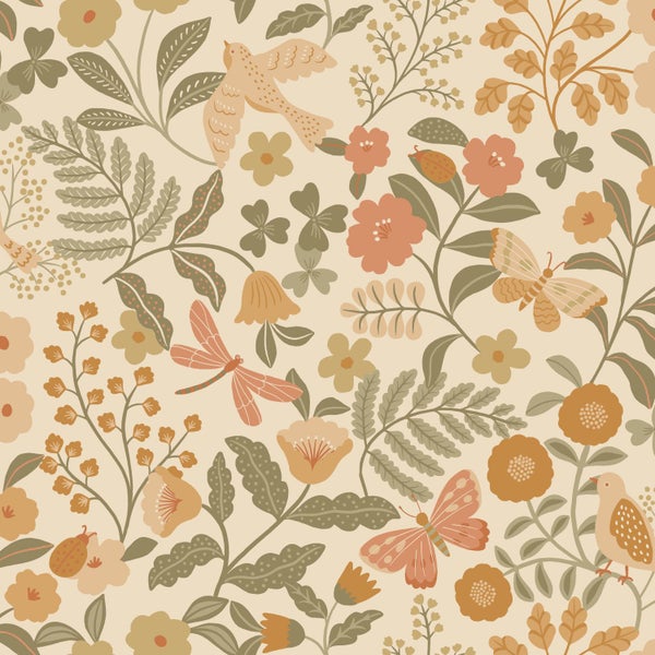 ESTAhome Tapete Blumen und Vögel Orange und Graugrün - 53 cm x 10.05 m - 131393