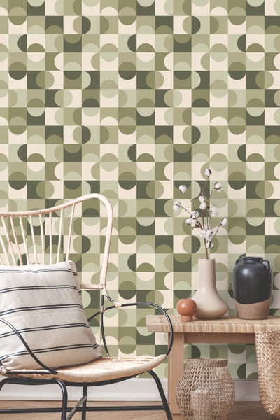 ESTAhome Tapete Kreise im Bauhaus-Stil Graugrün und Beige - 50 x 900 cm - 130940