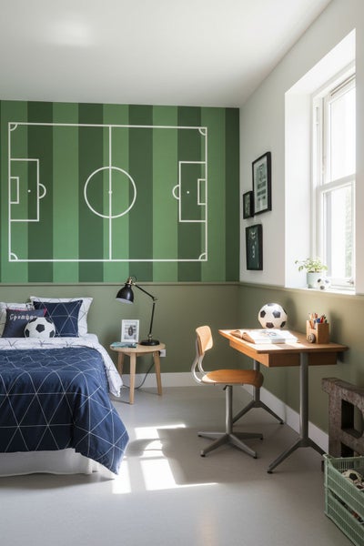 Hell gestaltetes Kinderzimmer mit Fußball-Thema, Wandgestaltung als Fußballfeld, Holzschreibtisch mit Stuhl, Bett und Nachttischlampe.