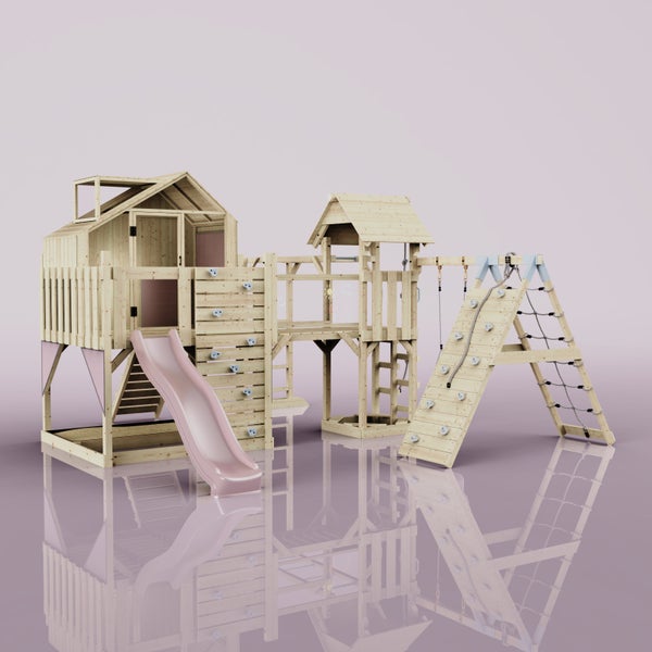 Spielplatz aus Holz mit Rutsche, Kletterwand und Schaukel