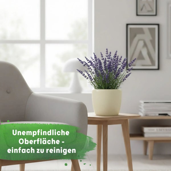 Lavendel im Topf auf Holztisch neben grauem Sessel in hellem Wohnraum. Text: Unempfindliche Oberfläche, einfach zu reinigen.