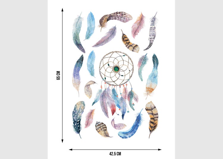 Buntes Wandtattoo Set mit Traumfänger und verschiedenen Federn, Maße 65 Zentimeter mal 42,5 Zentimeter.