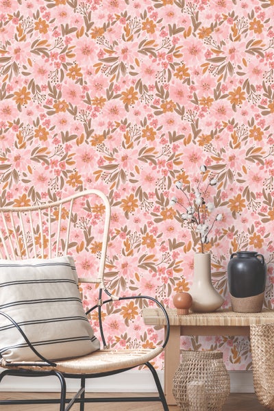 ESTAhome Tapete Blumen Rosa, Orange und Graugrün - 50 x 900 cm - 130925