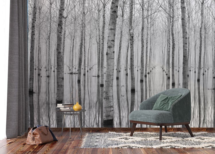 Wohnzimmer mit Fototapete, die einen Birkenwald im Wasser zeigt, Sessel und Beistelltisch