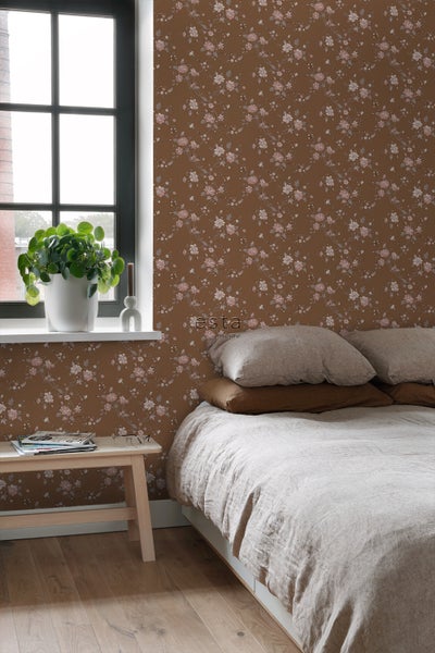 ESTAhome Tapete Blumen Rostbraun und Rosa - 53 cm x 10.05 m - 139286