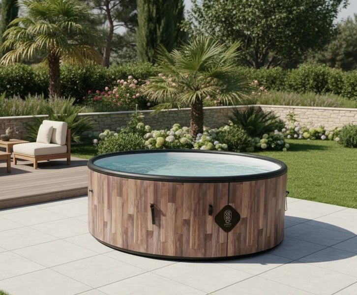 Runder Whirlpool mit Außenverkleidung in Holzoptik und Coco Spa Logo auf einer hellen, organisierten Gartenterrasse mit Pflanzen und Möbeln.