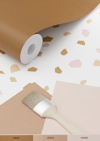 ESTAhome Tapete Terrazzo-Motiv Hellrosa, Dunkelorange und Beige - 53 cm x 10.05 m - 139198