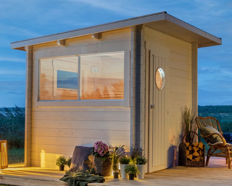 Polhus Sauna Jorma Gartensauna 2 Sitzbänke aus Holz, Sauna mit 70 mm Wandstärke, Außensauna