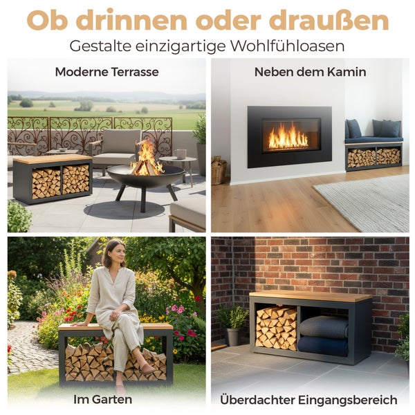 Collage verschiedener Anwendungen einer Holzbank mit Stauraum für Holz und andere Gegenstände: moderne Terrasse, neben dem Kamin, im Garten und überdachter Eingangsbereich