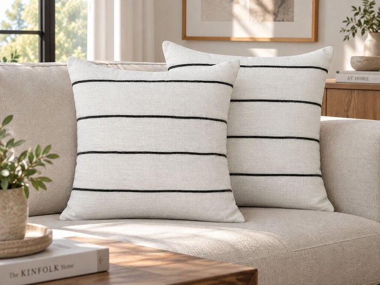 Zwei quadratische Dekokissen mit horizontalem Streifenmuster auf einem Sofa in einem hellen Wohnzimmer.