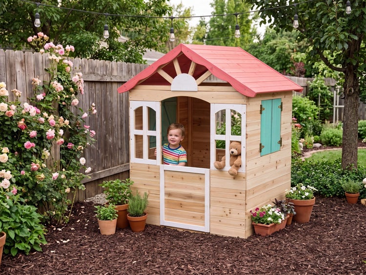 Helles Kinderspielhaus aus Holz im Garten mit Satteldach und Fenstern, ein Kind schaut heraus, umgeben von Pflanzen und einem Holzzaun.