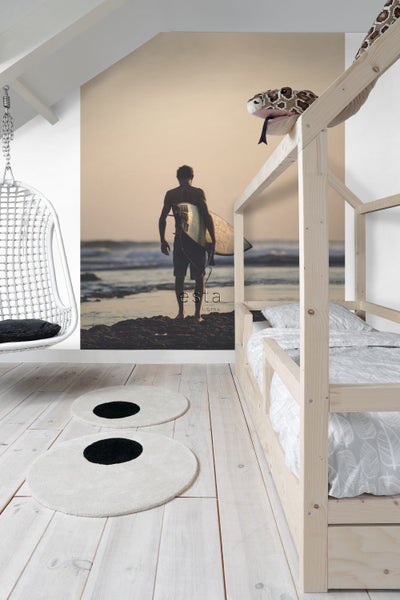 ESTAhome Fototapete Surfer mit Surfbrett Abendrot, Blau und Schwarz - 1,86 x 2,79 m - 158847