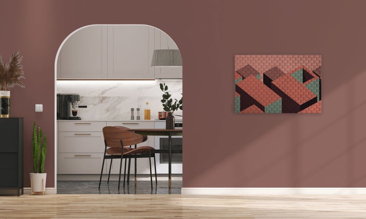 Wandgestaltung mit einer rotbraunen Wandfarbe und einem geometrischen Wandbild neben einem Torbogen in eine moderne Küche.