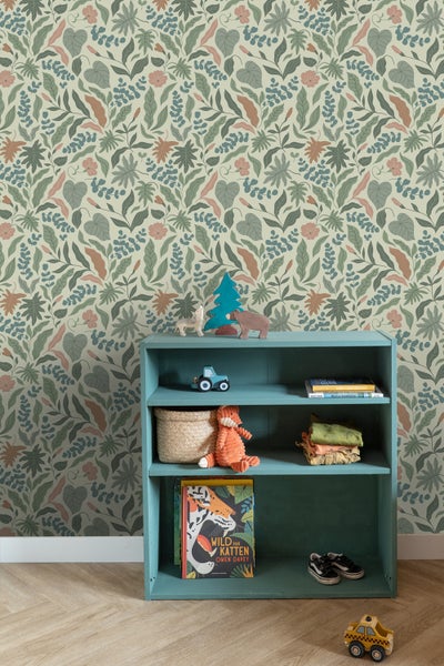 ESTAhome Tapete Blätter und Blumen Dunkelgrün, Blau und Rosa - 50 x 900 cm - 131053
