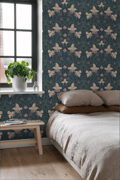 ESTAhome Tapete Blumenmuster im Jugendstil Dunkelblau, Beige und Graugrün - 50 x 900 cm - 139669