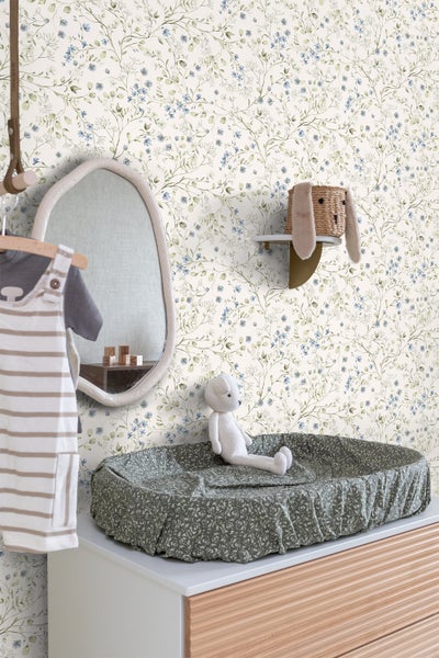 ESTAhome Tapete Blumen Graugrün, Blau und Weiß - 50 x 900 cm - 131139