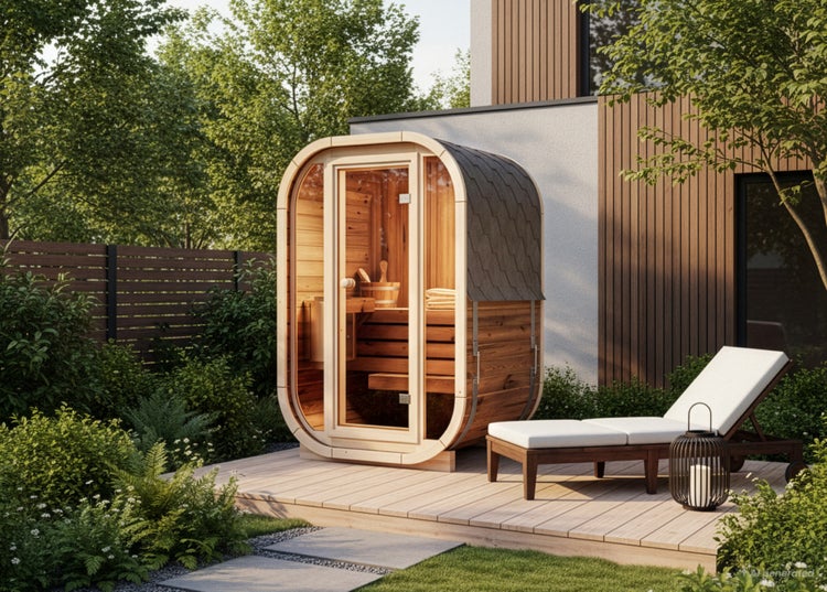 Moderne Fasssauna aus Holz mit Glasfront auf einer Holzterrasse im Garten neben einer Sonnenliege.