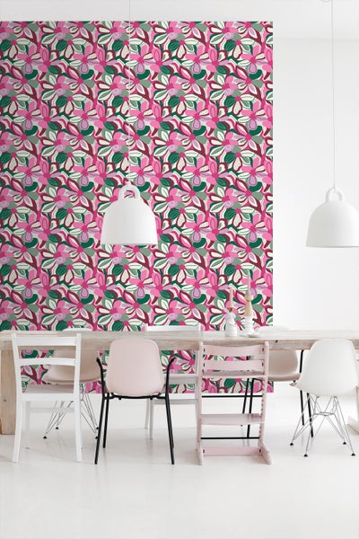 ESTAhome Tapete Blumenmuster Bonbonrosa, Grün und Weiß - 50 x 900 cm - 131131