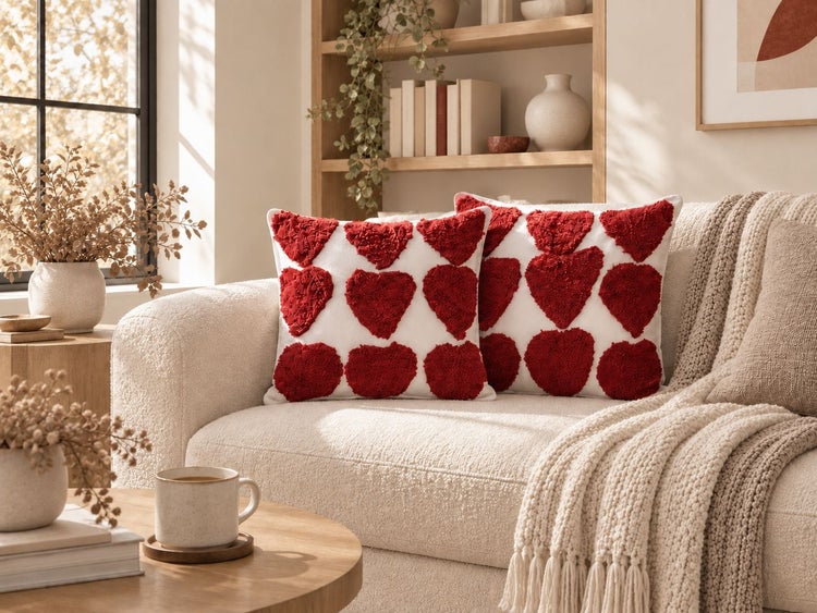 Zwei quadratische Dekokissen mit strukturiertem Herzmuster auf einem hellen Sofa in einem Wohnzimmer mit Holzregal.