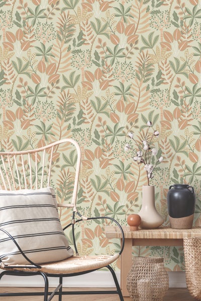 ESTAhome Tapete Blätter Grün und Terrakottarosa - 50 x 900 cm - 139680