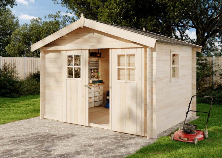 Alpholz Gerätehaus Evere 19 Gerätehaus aus Holz, Geräteschrank mit 19 mm Wandstärke, Gartenhaus mit Montagematerial, Naturbelassen 3,3x2,7m