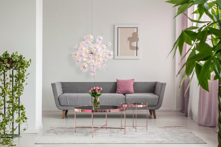 Helles Wohnzimmer mit grauem Sofa, Couchtisch, Zimmerpflanzen und einer dekorativen Lampe