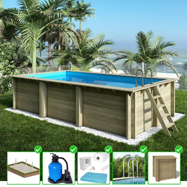 Aufstellpool aus Holz mit Leiter und Zubehör auf einer Rasenfläche
