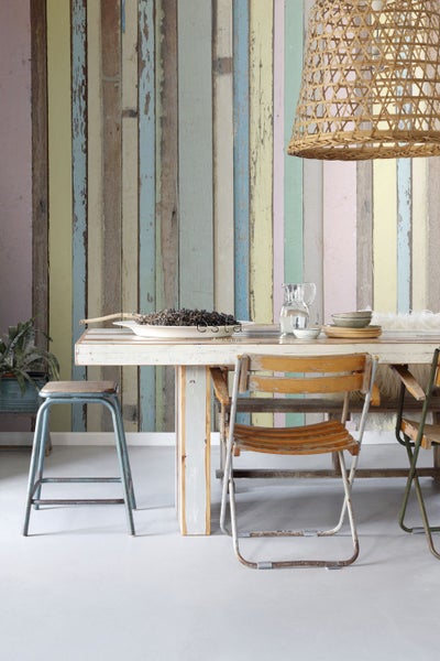 ESTAhome Fototapete Holz-Optik Hellrosa, Gelb, Blau und Grün - 200 x 279 cm - 157703
