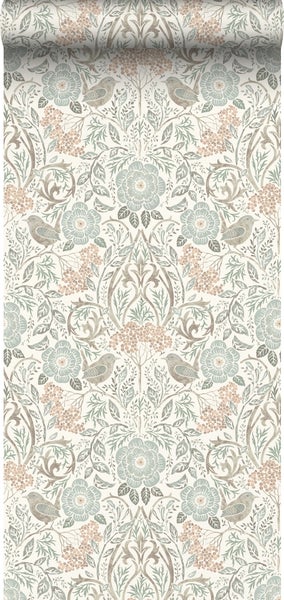 ESTAhome Tapete Blumen und Vögel im Jugendstil Graugrün, Braun und Pfirsichrosa - 53 cm x 10.05 m - 139294