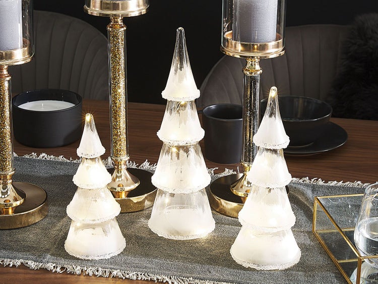 Dekofigur Glas weiß Weihnachtsbaum mit LED-Beleuchtung 3er Set KIERINKI