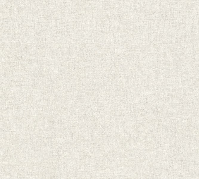 Schlafzimmer mit Bett, Nachttisch, Pflanze und beiger Vliestapete an der Wand