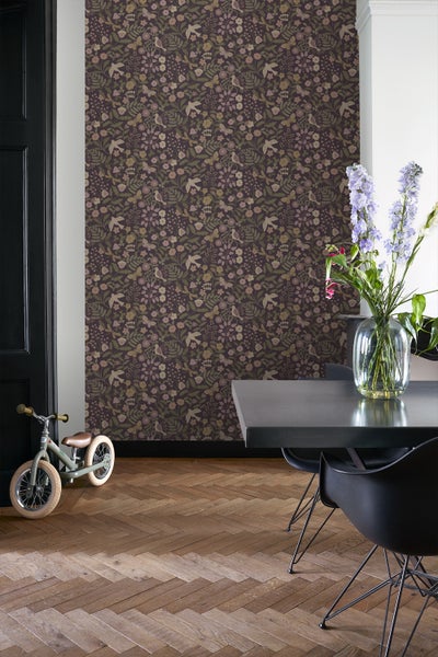 ESTAhome Tapete Blumen und Vögel Aubergineviolett, Olivgrün und Violett - 53 cm x 10.05 m - 139871