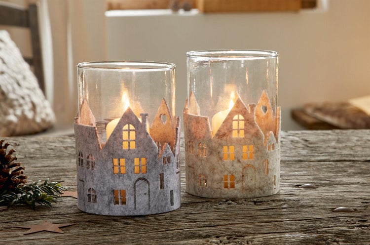 Dekoleidenschaft 2x Windlicht City Lights aus Glas & Filz, beige & grau, Kerzenständer, Windlicht, Teelichthalter, Teelichtgläser, Tischdeko, Windlichtglas