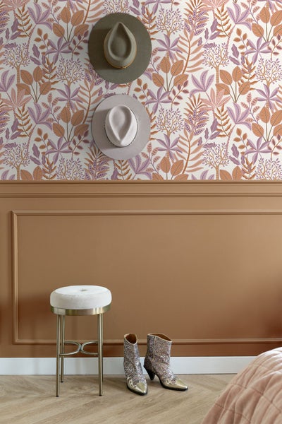 ESTAhome Tapete Blätter Violett und Orange - 50 x 900 cm - 131492