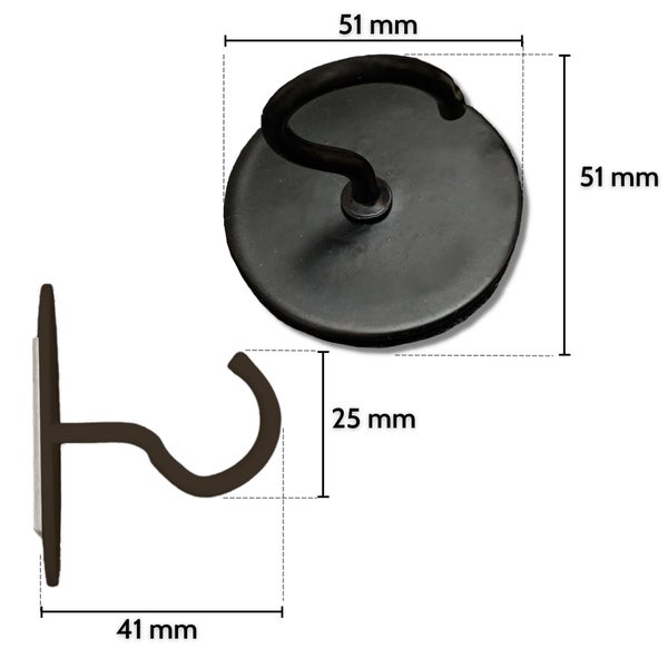 Schwarzer selbstklebender runder Metallhaken mit Maßangaben: 51 Millimeter Durchmesser, 41 Millimeter Tiefe und 25 Millimeter Hakenhöhe.