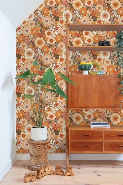 ESTAhome Tapete Retro Blumen Orange und Terrakottarosa - 50 x 900 cm - 131318