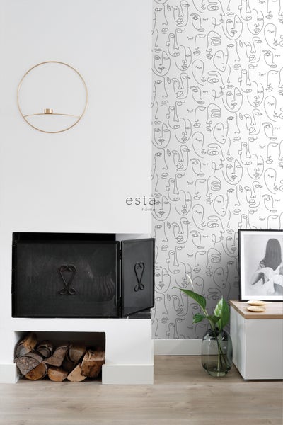 ESTAhome Tapete Line Art Gesichter Schwarz-Weiß - 53 cm x 10.05 m - 139145