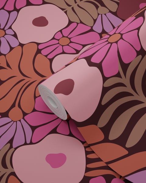 ESTAhome Tapete Blumen im Matisse-Stil Rosa, Lila und Terrakotta - 50 x 900 cm - 131136
