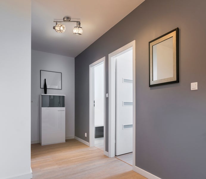 Flur mit Deckenleuchte, Kommode, Bild und Türen