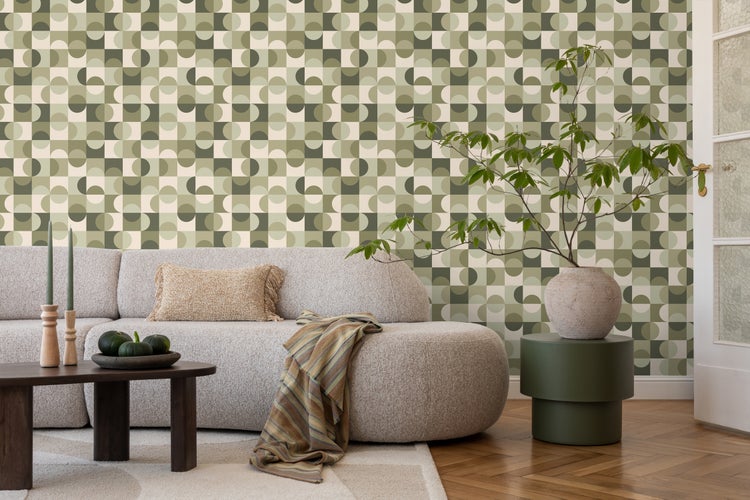ESTAhome Tapete Kreise im Bauhaus-Stil Graugrün und Beige - 50 x 900 cm - 130940