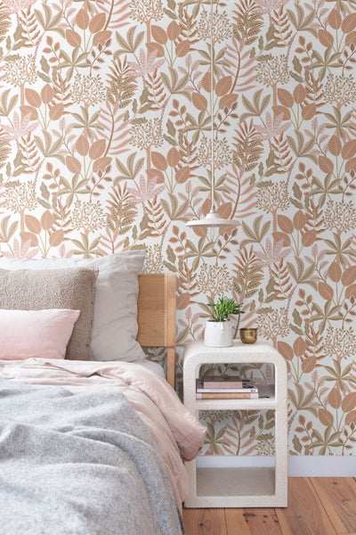 ESTAhome Tapete Blätter Terrakotta, Braun und Rosa - 50 x 900 cm - 131491