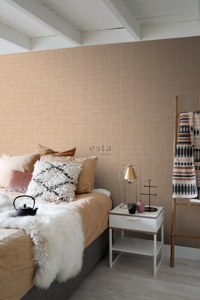 ESTAhome Tapete Art Decó Muster Pfirsichrosa und Weiß - 53 cm x 10.05 m - 139208
