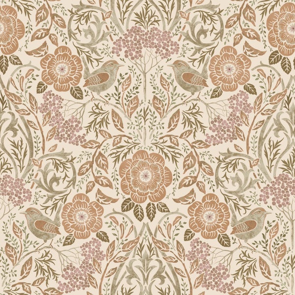 ESTAhome Tapete Blumen und Vögel im Jugendstil Sandbraun, Beige und Altrosa - 53 cm x 10.05 m - 139566