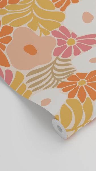 ESTAhome Tapete Blumen im Matisse-Stil Orange und Gelb - 50 x 900 cm - 131005