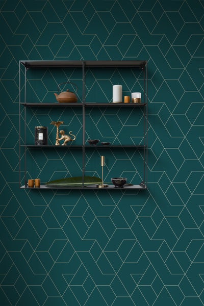 ESTAhome Tapete grafische Linien Petrolblau und Gold - 50 x 900 cm - 139947