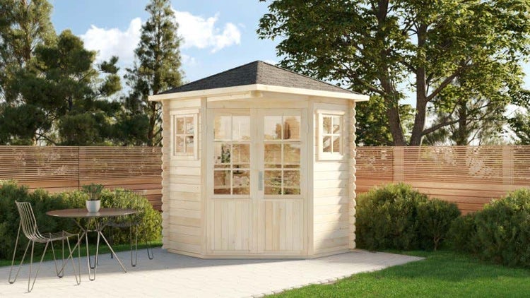 Alpholz 5-Eck Gartenhaus Sunny-A Gerätehaus aus Holz, Geräteschrank mit 28 mm Wandstärke, Gartenhaus mit Montagematerial, Naturbelassen 2,3x2,3m