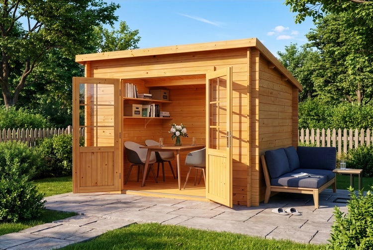 Gartenhaus aus Holz mit Pultdach und Doppeltür, eingerichtet mit Tisch und Stühlen, auf einer Terrasse im Garten mit Loungesofa.